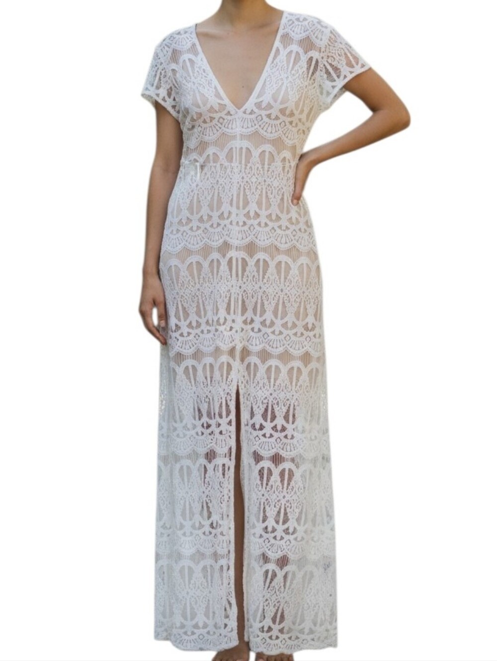 Wayf White Lace V-Neck Maxi Dress with Front Slit Cotton Blend